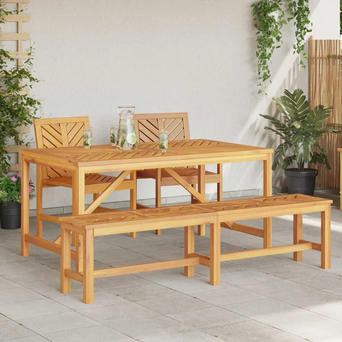 Garden Dining Set Brown Acacia Wood 4 Piece Outdoor Table Chairs