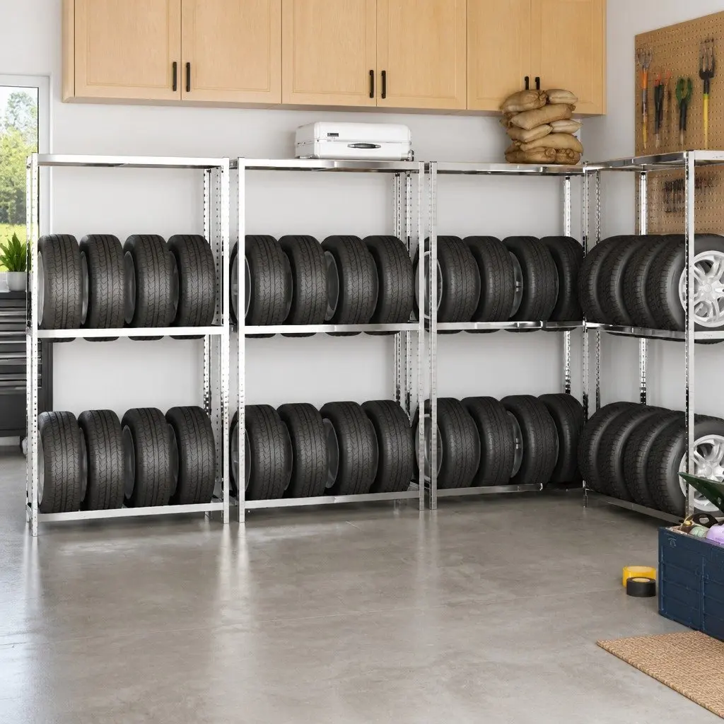 Tire Rack 2-Layer Heavy-Duty Steel Adjustable Shelving 110x40x180 cm Silver