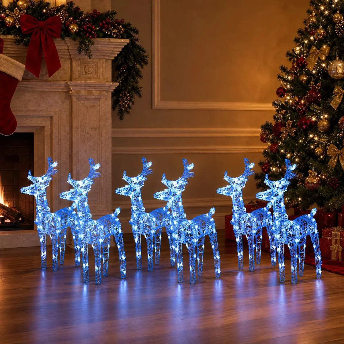 Christmas Reindeer Decorations Blue LED Light Outdoor Yard Display Set 6 Piece