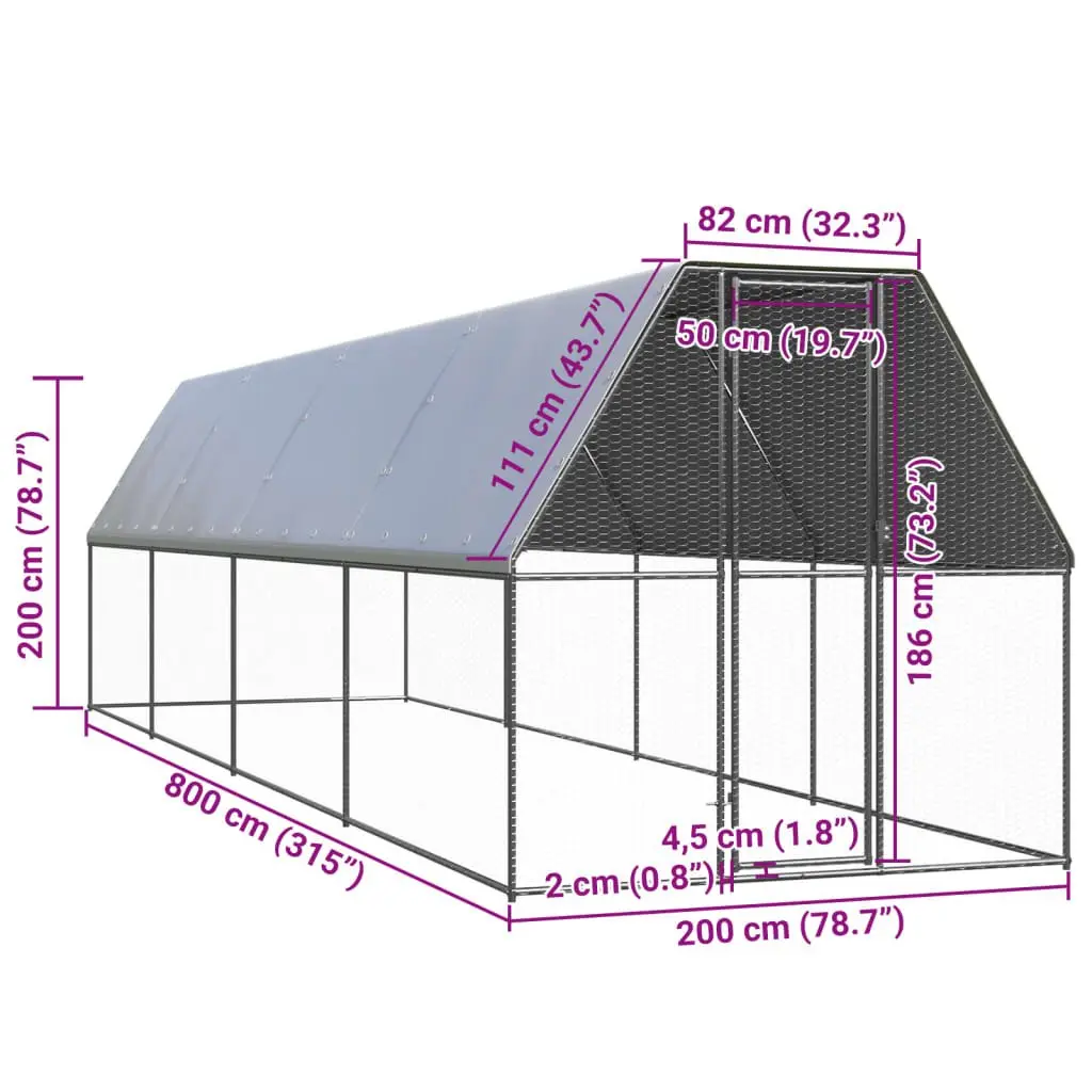 Outdoor Chicken Cage Galvanised Steel 2x8x2 m