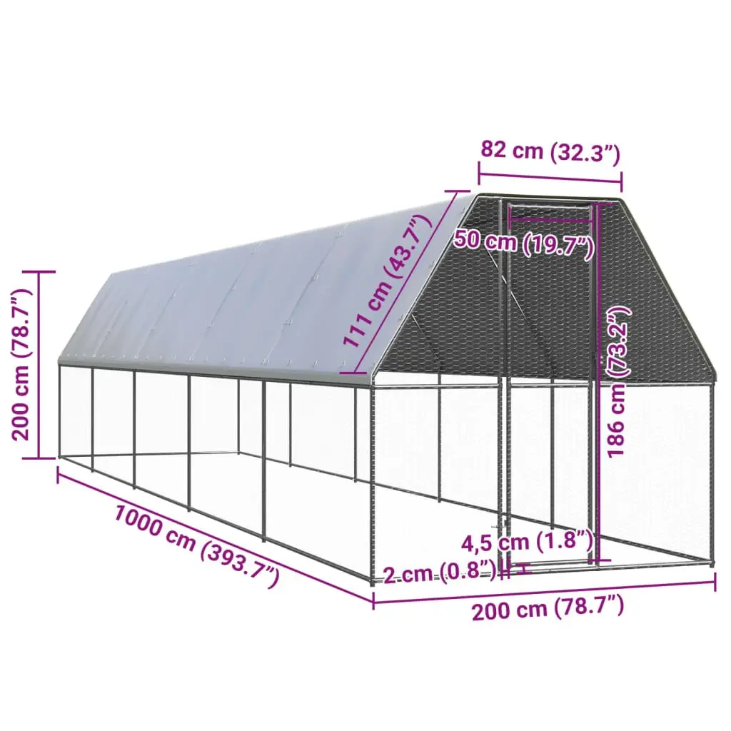 Outdoor Chicken Cage Galvanised Steel Frame 2x10x2 m