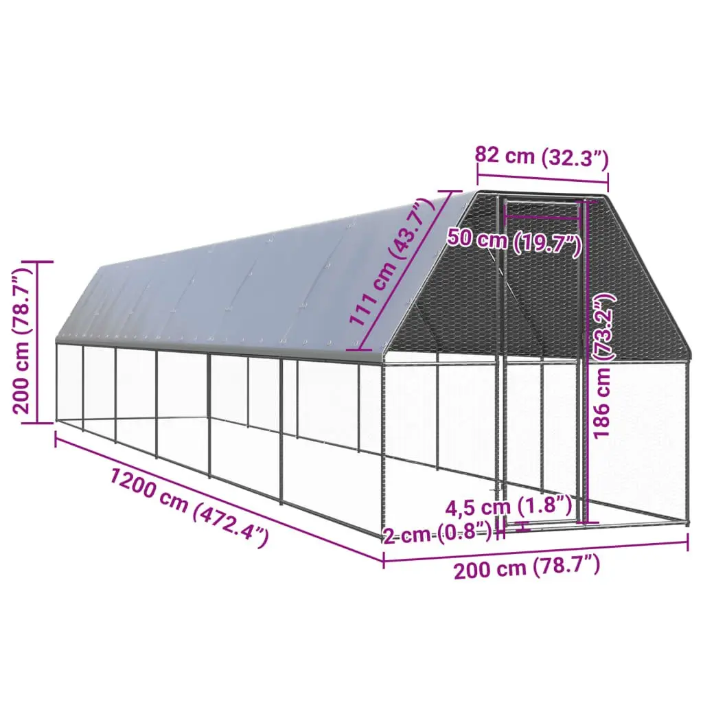 Chicken Coop Outdoor Cage Galvanised Steel 2x12x2 m