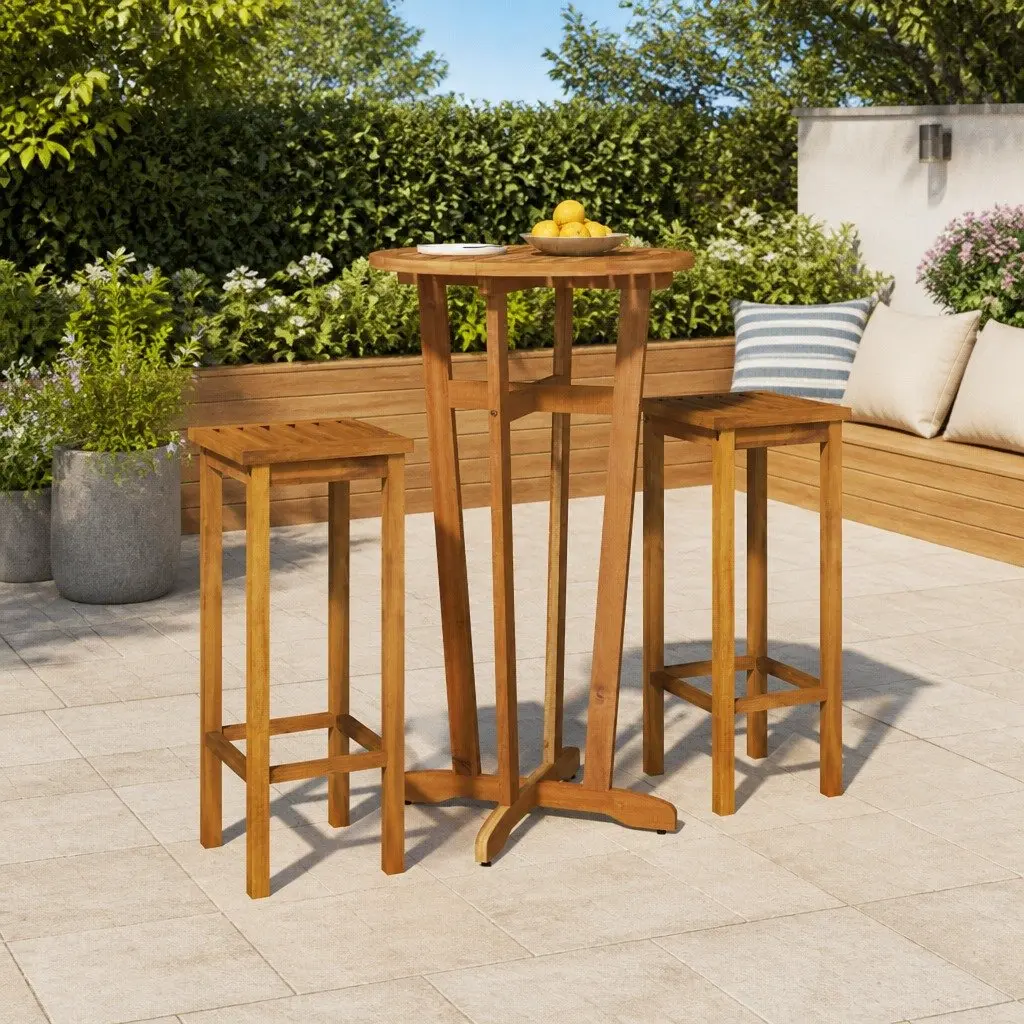 Garden Bar Set 3 Piece Outdoor Furniture Solid Wood Brown Patio Dining Stools