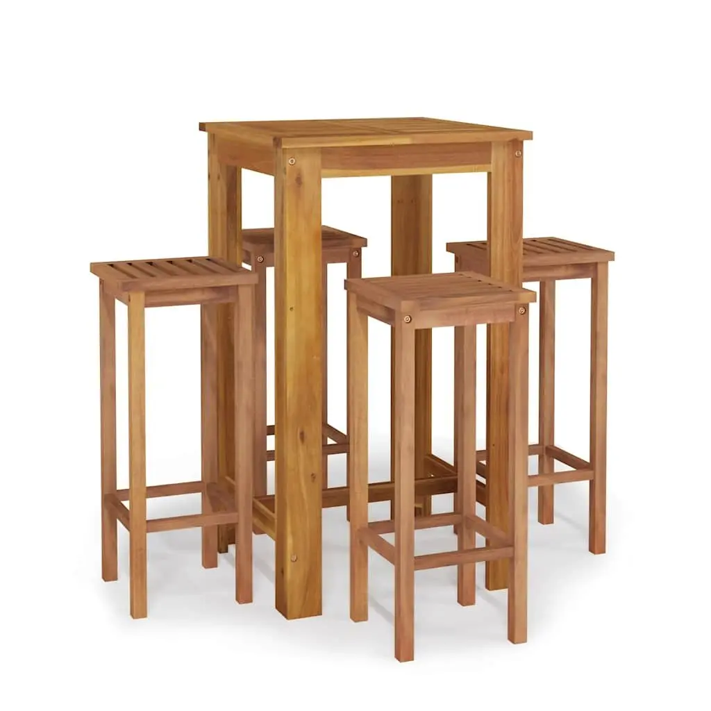 5 Piece Outdoor Bar Set Brown Solid Acacia Wood Contemporary Patio Dining Furniture