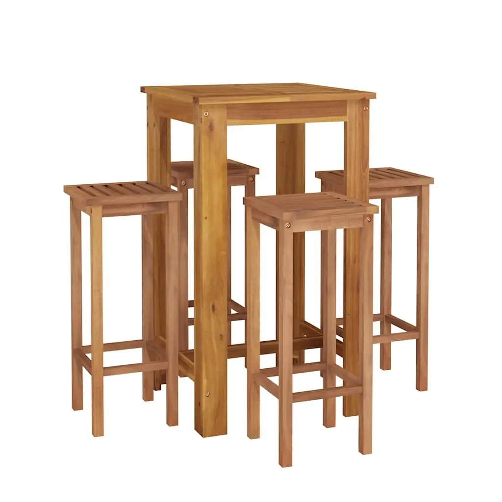 5 Piece Outdoor Bar Set Brown Solid Acacia Wood Contemporary Patio Dining Furniture