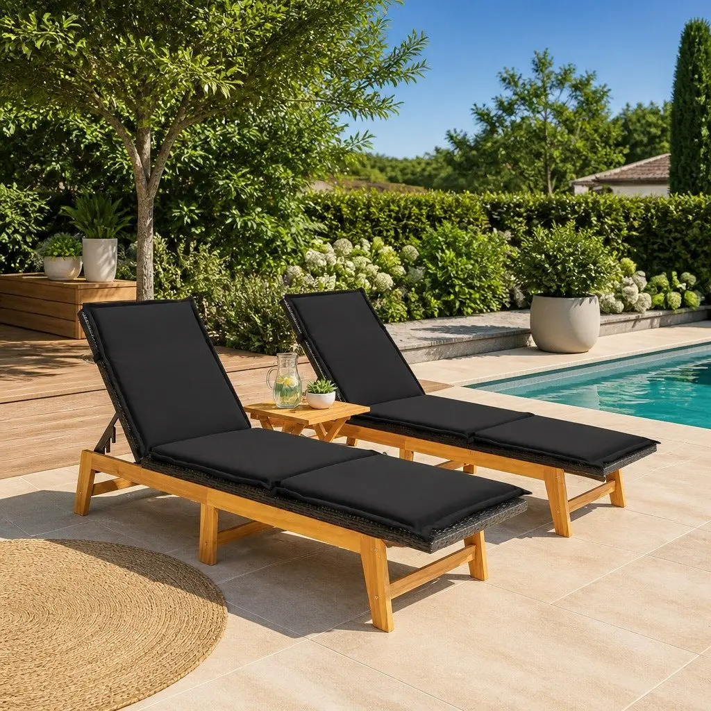3 Piece Garden Lounge Sun Lounger Set Black Poly Rattan Acacia Wood Outdoor