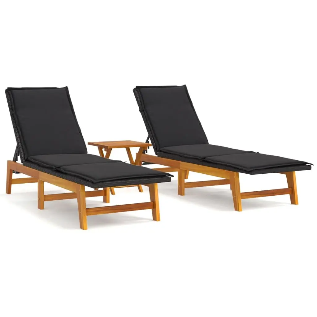3 Piece Garden Lounge Sun Lounger Set Black Poly Rattan Acacia Wood Outdoor