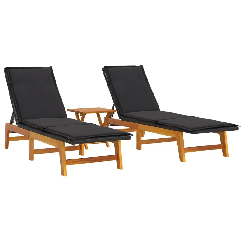 3 Piece Garden Lounge Sun Lounger Set Black Poly Rattan Acacia Wood Outdoor
