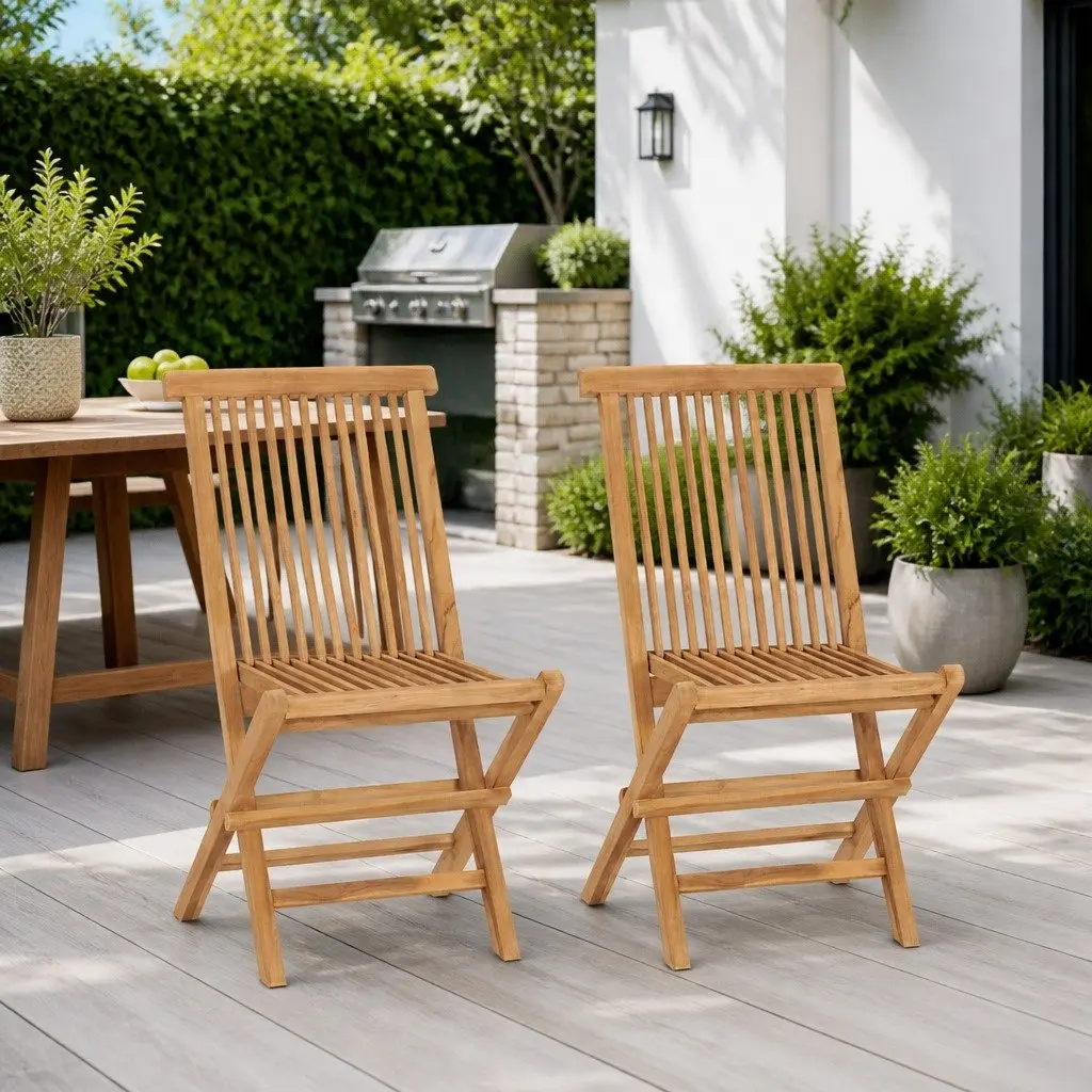 Folding Garden Chairs Teak Hardwood Brown Outdoor Seating 2 Piece