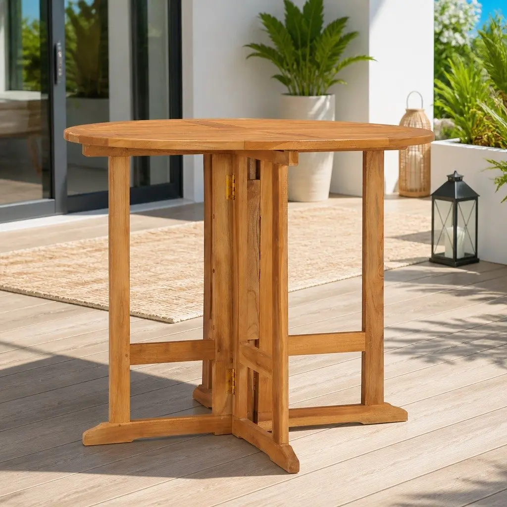 Folding Outdoor Dining Table Round 90cm Teak Wood Garden Furniture Brown