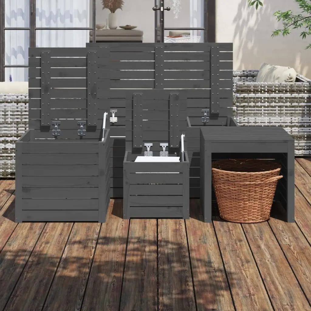 Garden Storage Box Set 4 Piece Grey Solid Pine Wood Outdoor Patio Furniture