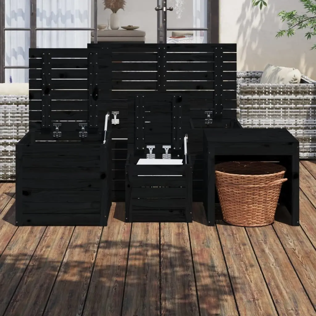4 Piece Outdoor Garden Storage Box Set Black Solid Pine Wood