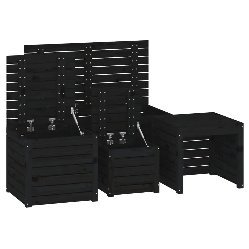4 Piece Outdoor Garden Storage Box Set Black Solid Pine Wood