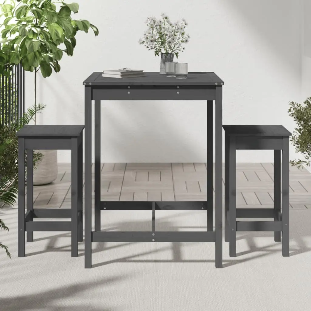 Garden Bar Set Grey Solid Pine Wood 3 Piece Outdoor Furniture