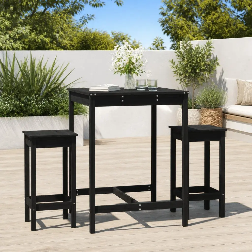 Outdoor Wooden Bar Set Black 3 Piece Patio Furniture with Table and Stools