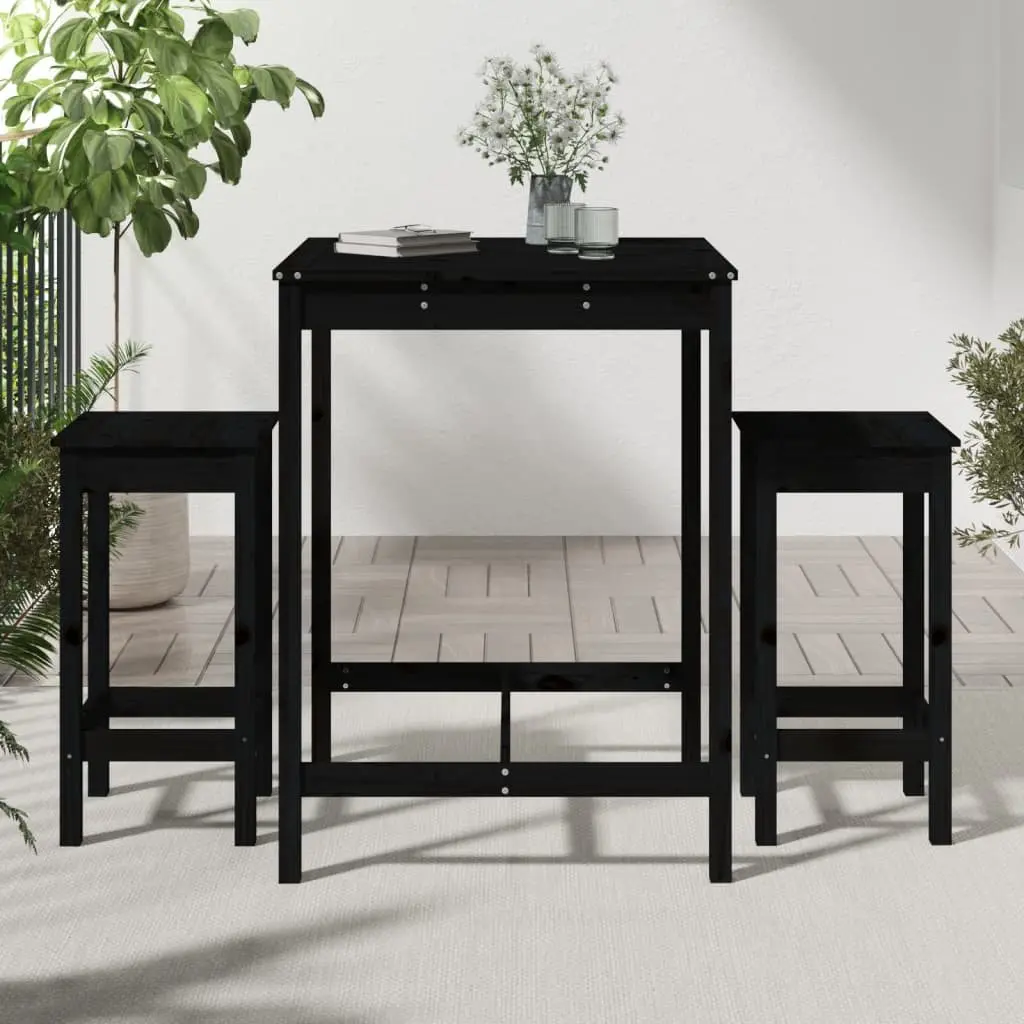 Outdoor Wooden Bar Set Black 3 Piece Patio Furniture with Table and Stools