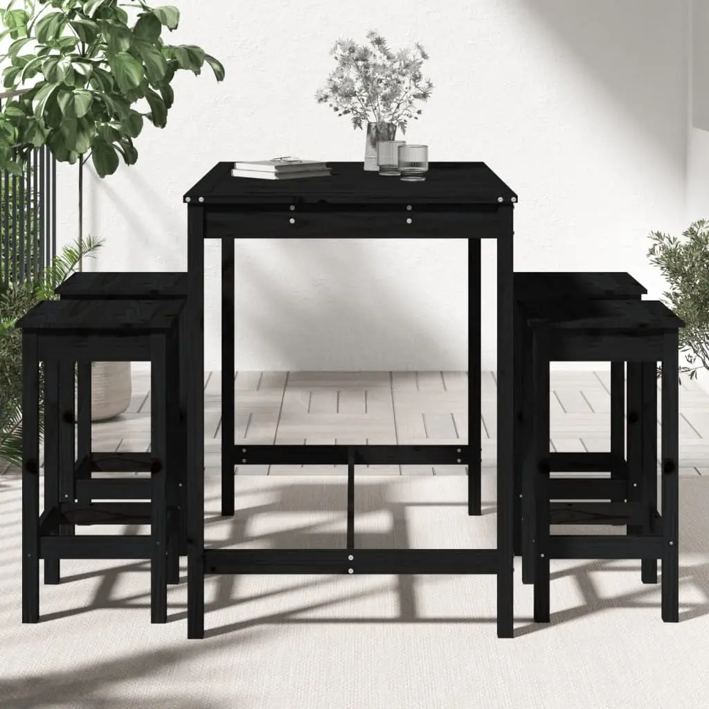 5 Piece Garden Bar Set Black Solid Pine Wood Outdoor Patio Furniture Stools