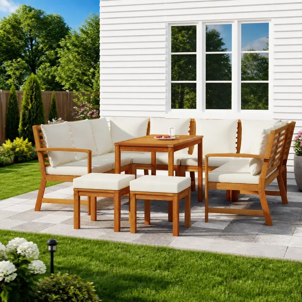 Garden Dining Set 9 Piece Modular Outdoor Furniture Solid Acacia Wood with Cushions