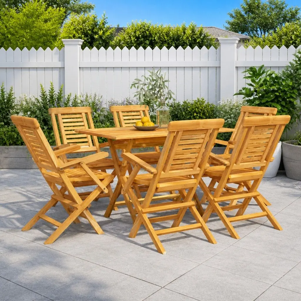 7 Piece Garden Dining Set Solid Teak Wood Foldable Outdoor Furniture Brown