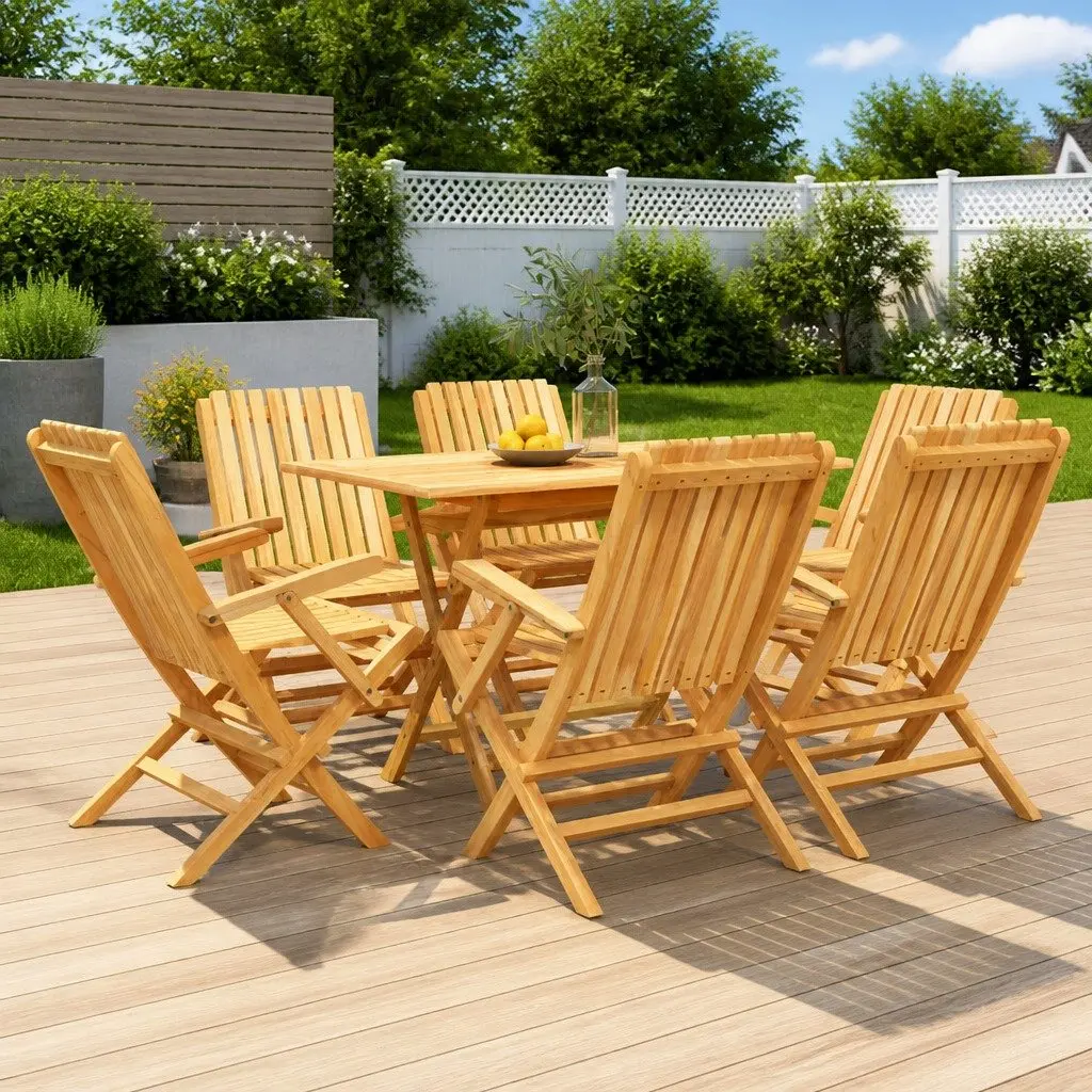 7 Piece Garden Dining Set Solid Teak Wood Brown Foldable Outdoor Table Chairs