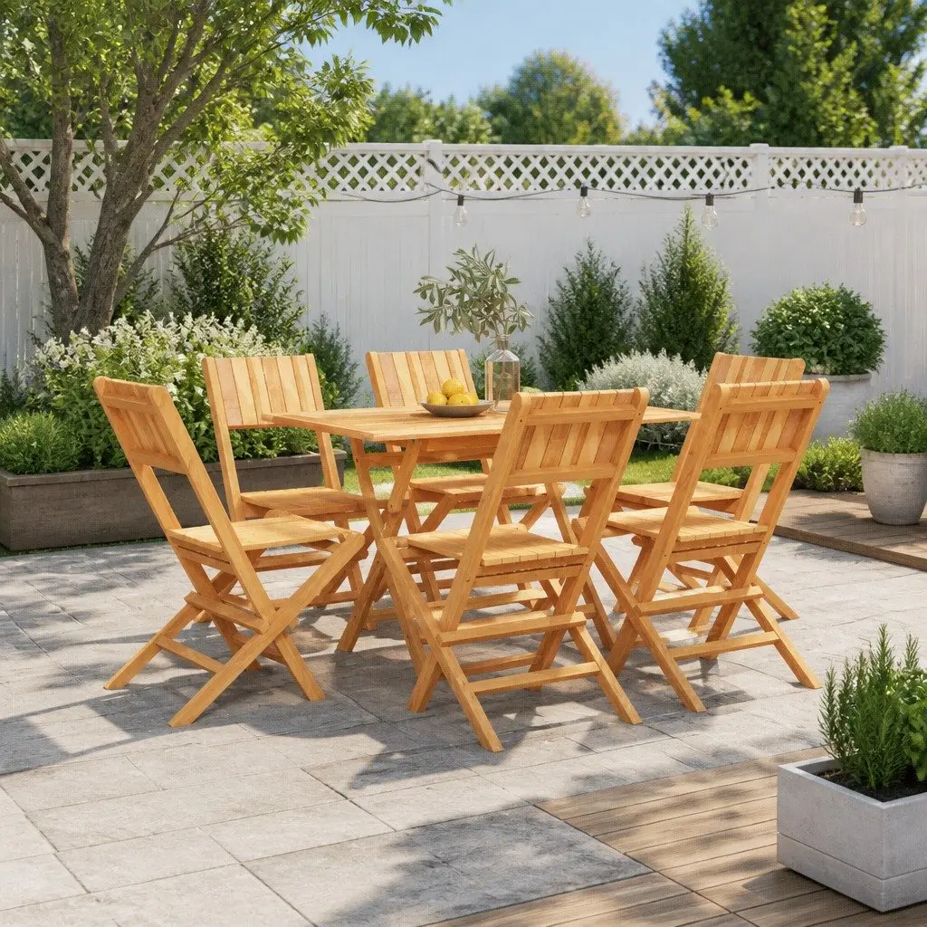 7 Piece Outdoor Garden Dining Set Solid Teak Wood Folding Table and Chairs with Backrest Parasol Hole