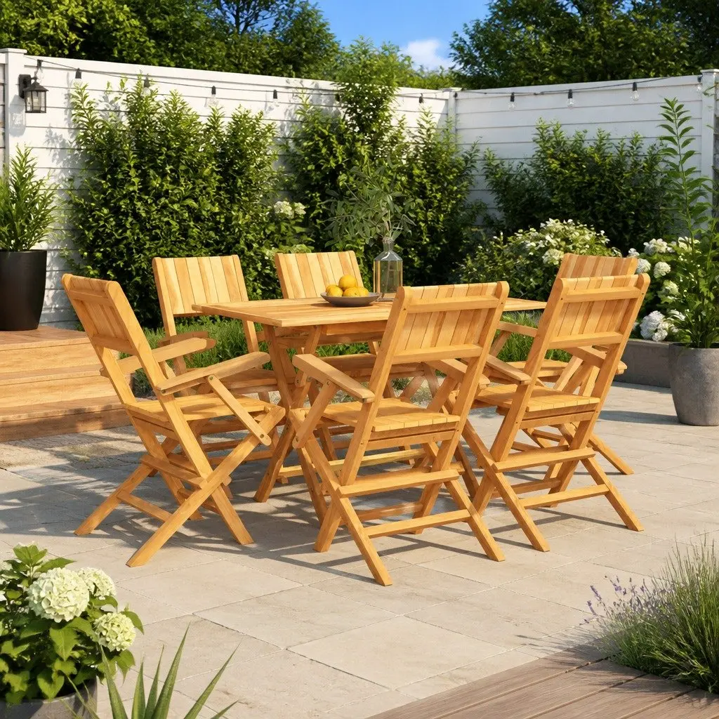 7 Piece Garden Dining Set Teak Wood Foldable