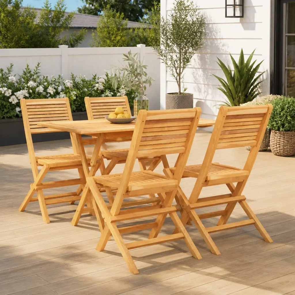 5 Piece Garden Dining Set Teak Wood Foldable Table Chairs