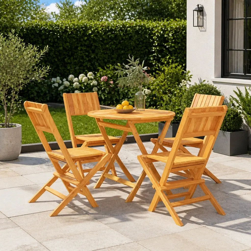 5 Piece Garden Dining Set Teak Wood Folding Table and Chairs