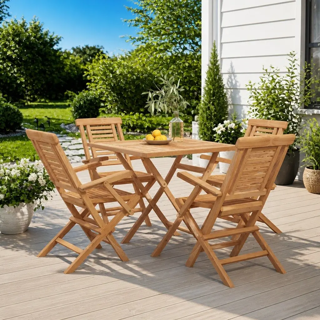 Garden Dining Set Foldable Wooden 5 Piece Outdoor Furniture Table Chairs