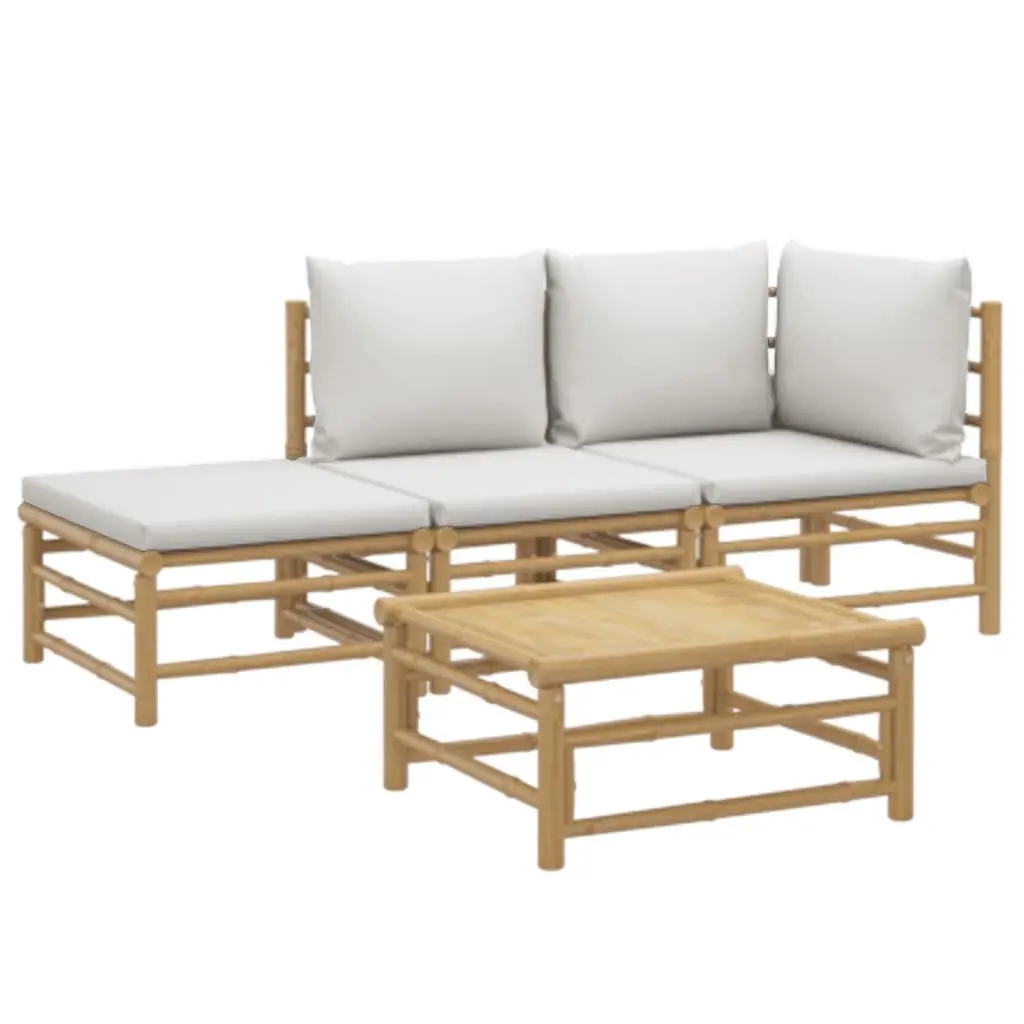 4 Piece Bamboo Garden Lounge Set Outdoor Furniture with Light Grey Cushions