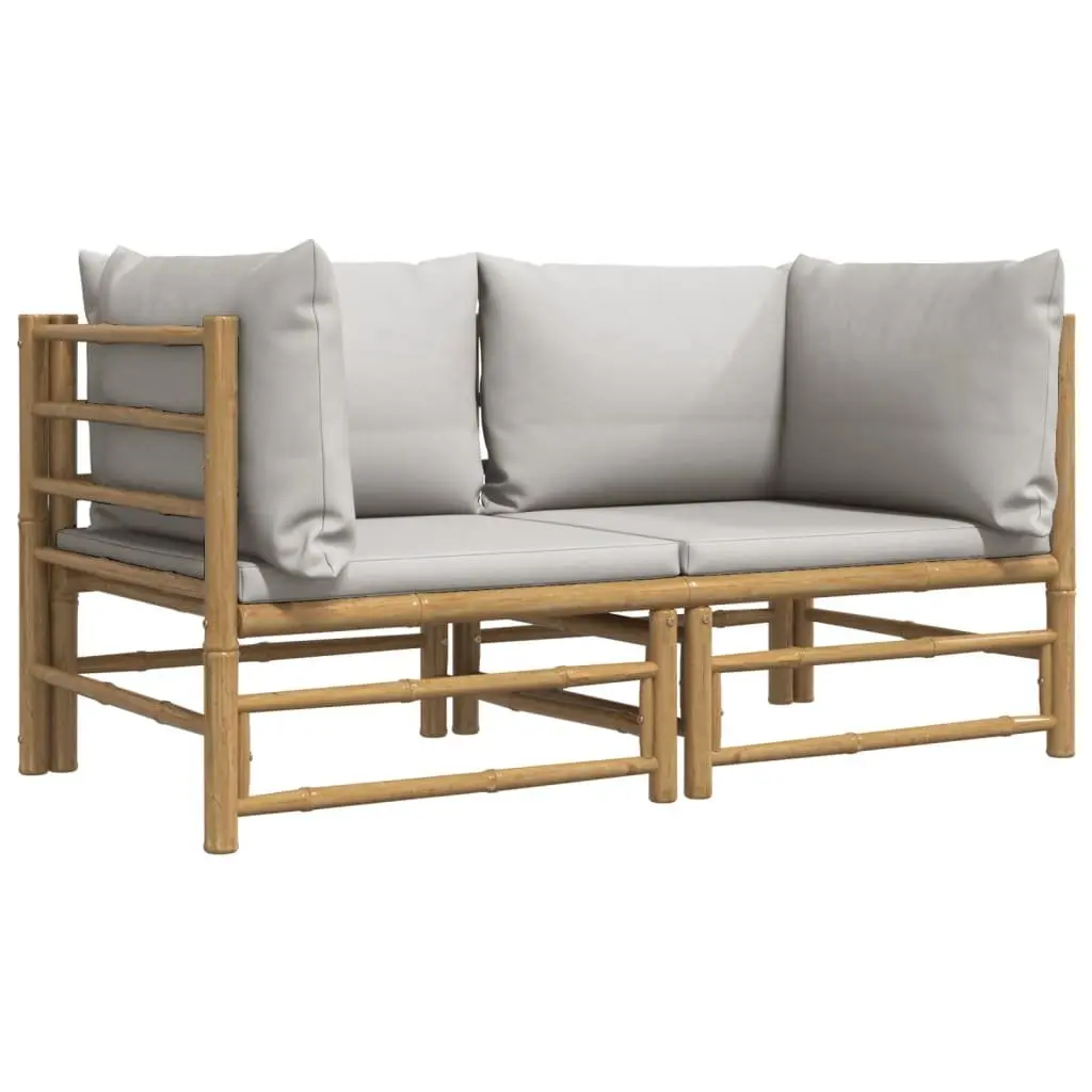 Bamboo Garden Corner Sofas 2 pcs with Grey Cushions Outdoor Furniture Set