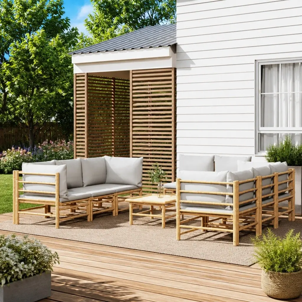 Bamboo Garden Lounge Set 9 Piece Outdoor Furniture with Light Grey Cushions