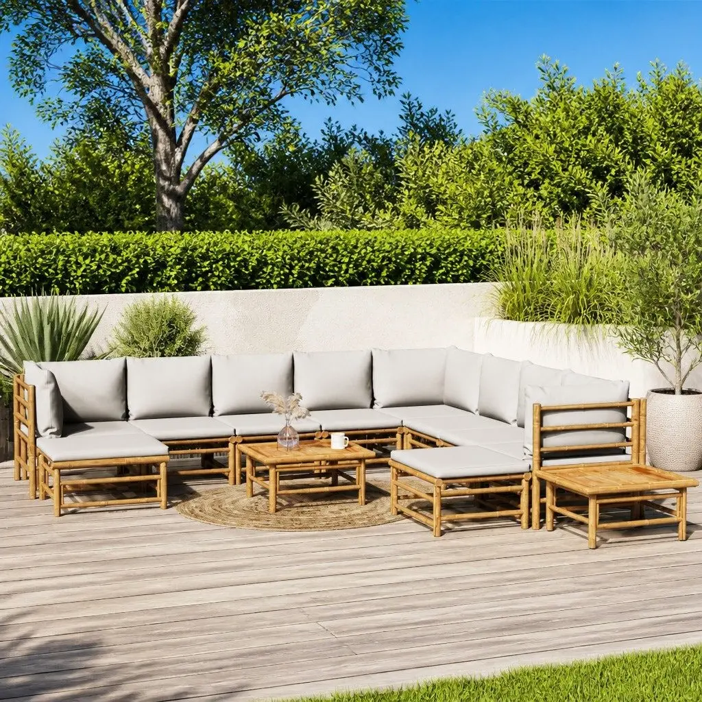 Bamboo Garden Lounge Set 12 Piece Outdoor Furniture with Grey Cushions Modular