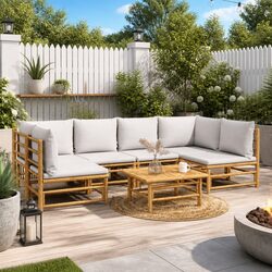 Your 7 Piece Bamboo Lounge Set Awaits with Light Grey Cushions