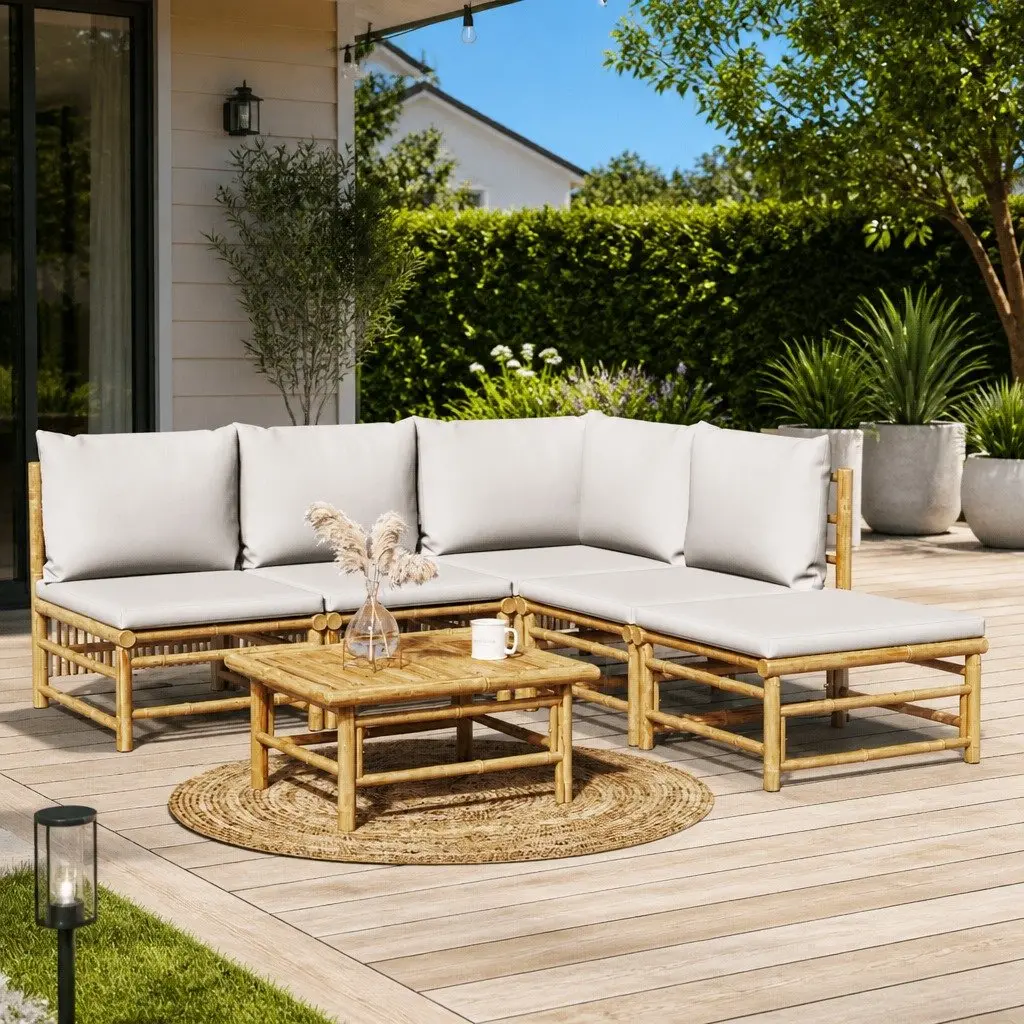 Bamboo Garden Lounge Set 6 Piece Modular Outdoor Furniture Patio Sofa with Cushions