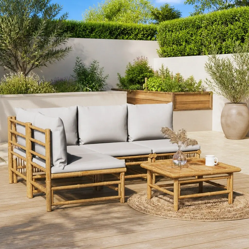 5 Piece Bamboo Garden Lounge Set Outdoor Furniture with Light Grey Cushions