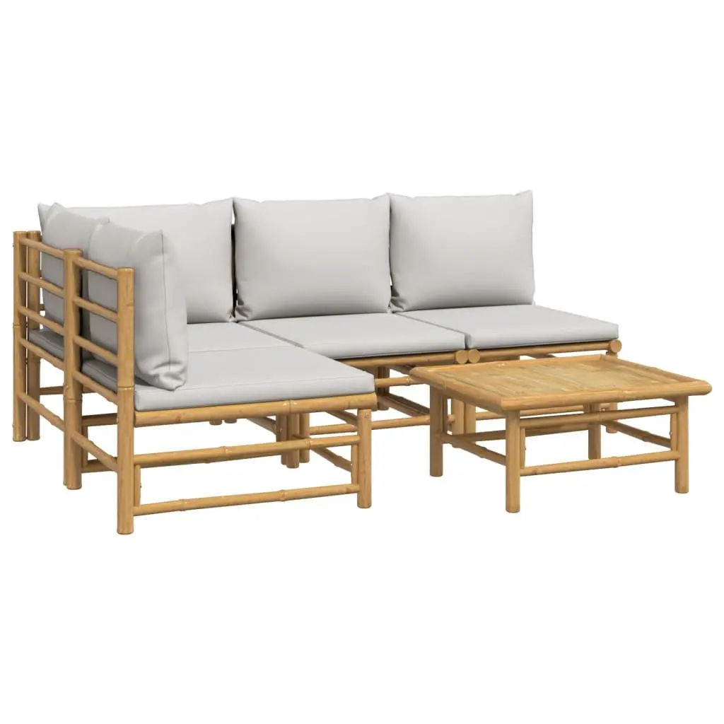 5 Piece Bamboo Garden Lounge Set Outdoor Furniture with Light Grey Cushions