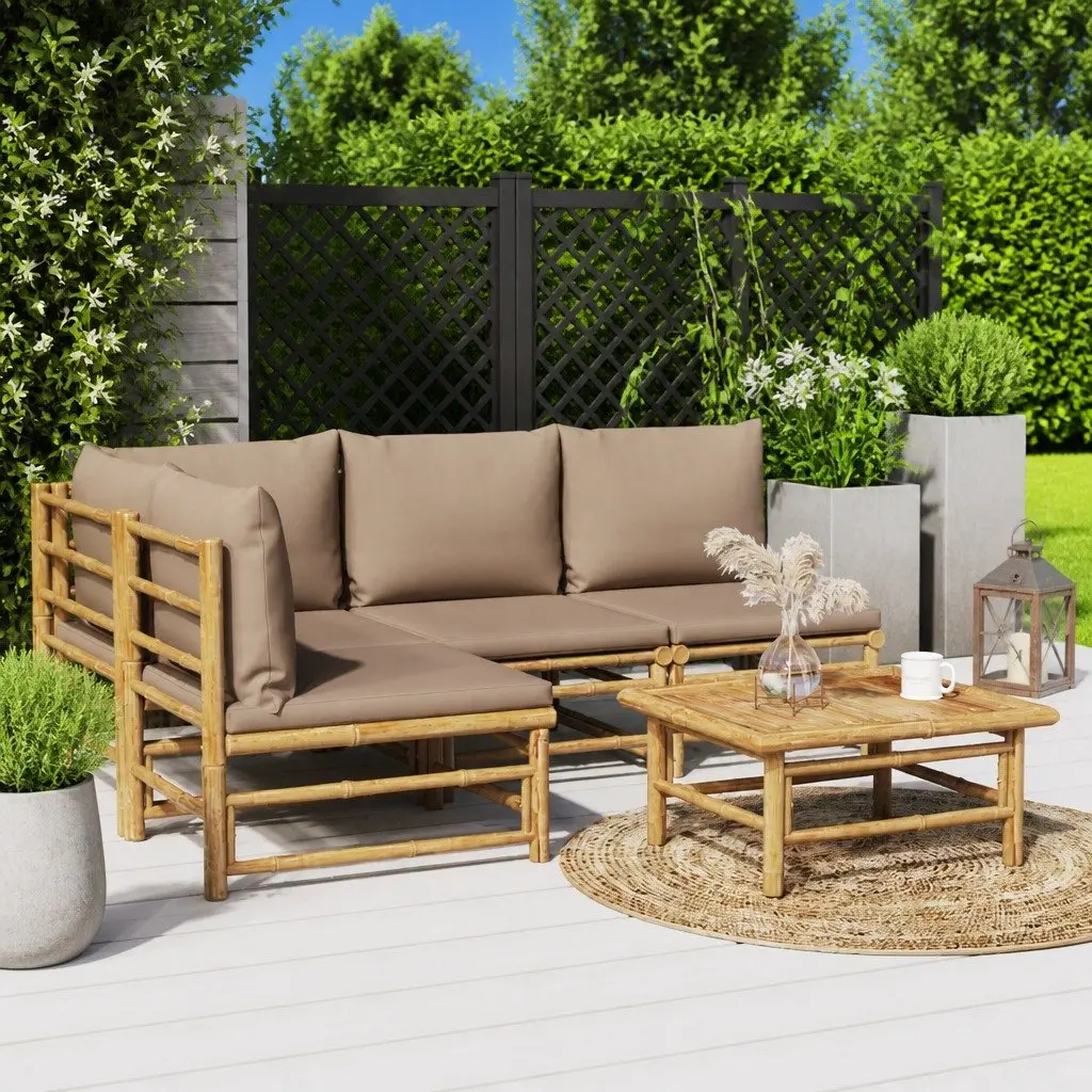 Bamboo Garden Lounge Set 5 Piece Outdoor Furniture with Taupe Cushions