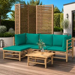 5 Piece Garden Lounge Set Bamboo Outdoor Furniture with Green Cushions Brown
