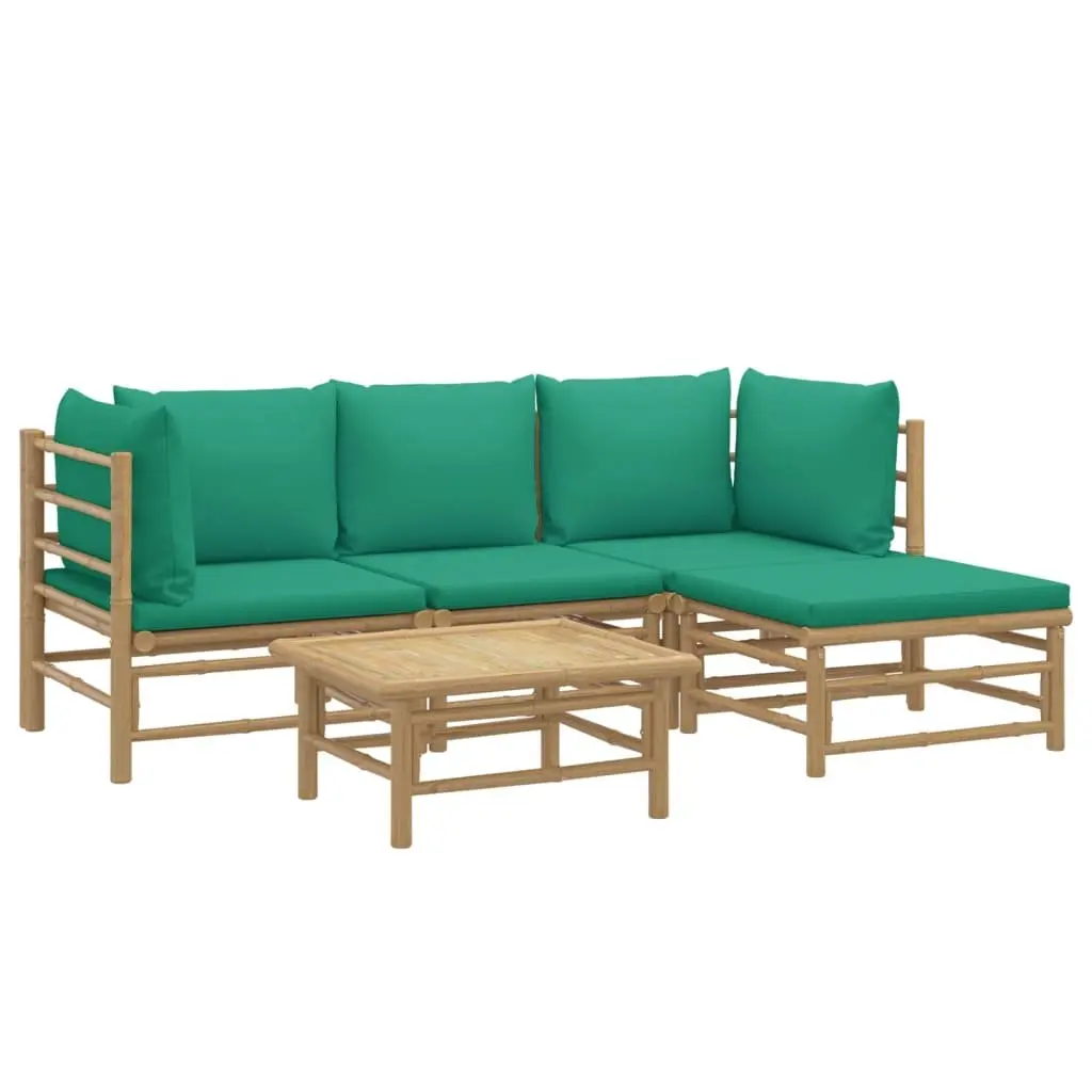 5 Piece Bamboo Garden Lounge Set Modular Outdoor Furniture with Green Cushions Brown