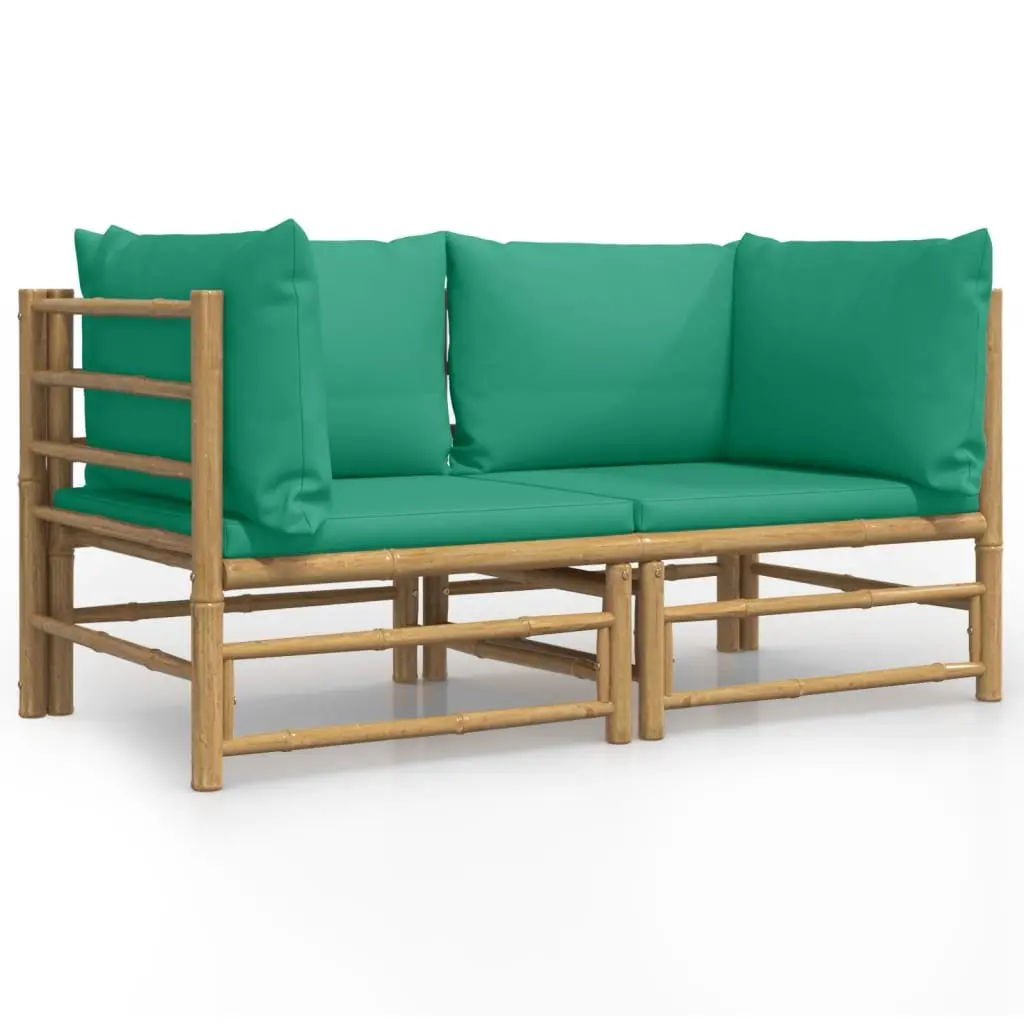Bamboo Garden Corner Sofa Set 2 Pieces Outdoor Furniture with Green Cushions