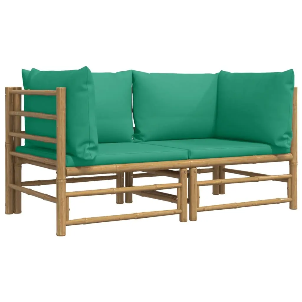 Bamboo Garden Corner Sofa Set 2 Pieces Outdoor Furniture with Green Cushions