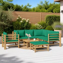 Bamboo Garden Lounge Set 8 Piece Outdoor Furniture with Green Cushions Brown
