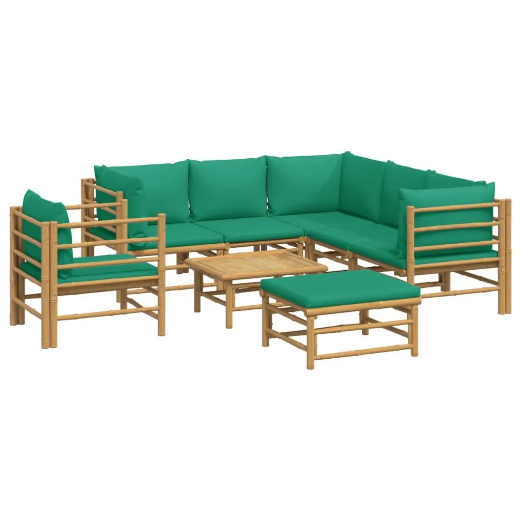 Bamboo Garden Lounge Set 8 Piece Outdoor Furniture with Green Cushions Brown