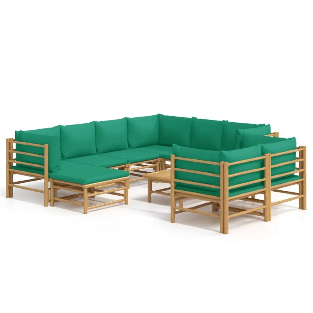Bamboo Garden Lounge Set 10 Piece Outdoor Furniture with Green Cushions Brown