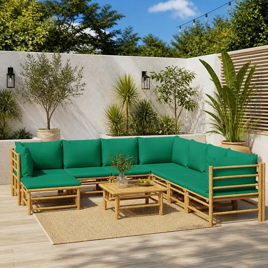 9 Piece Modular Bamboo Lounge Set with Green Cushions Brown for Outdoor Garden Patio Furniture
