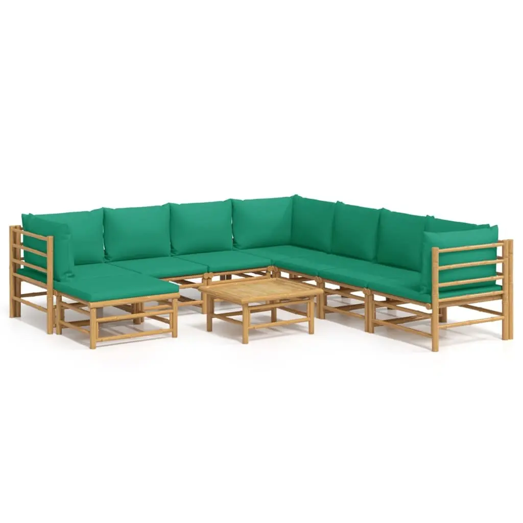 9 Piece Modular Bamboo Lounge Set with Green Cushions Brown for Outdoor Garden Patio Furniture