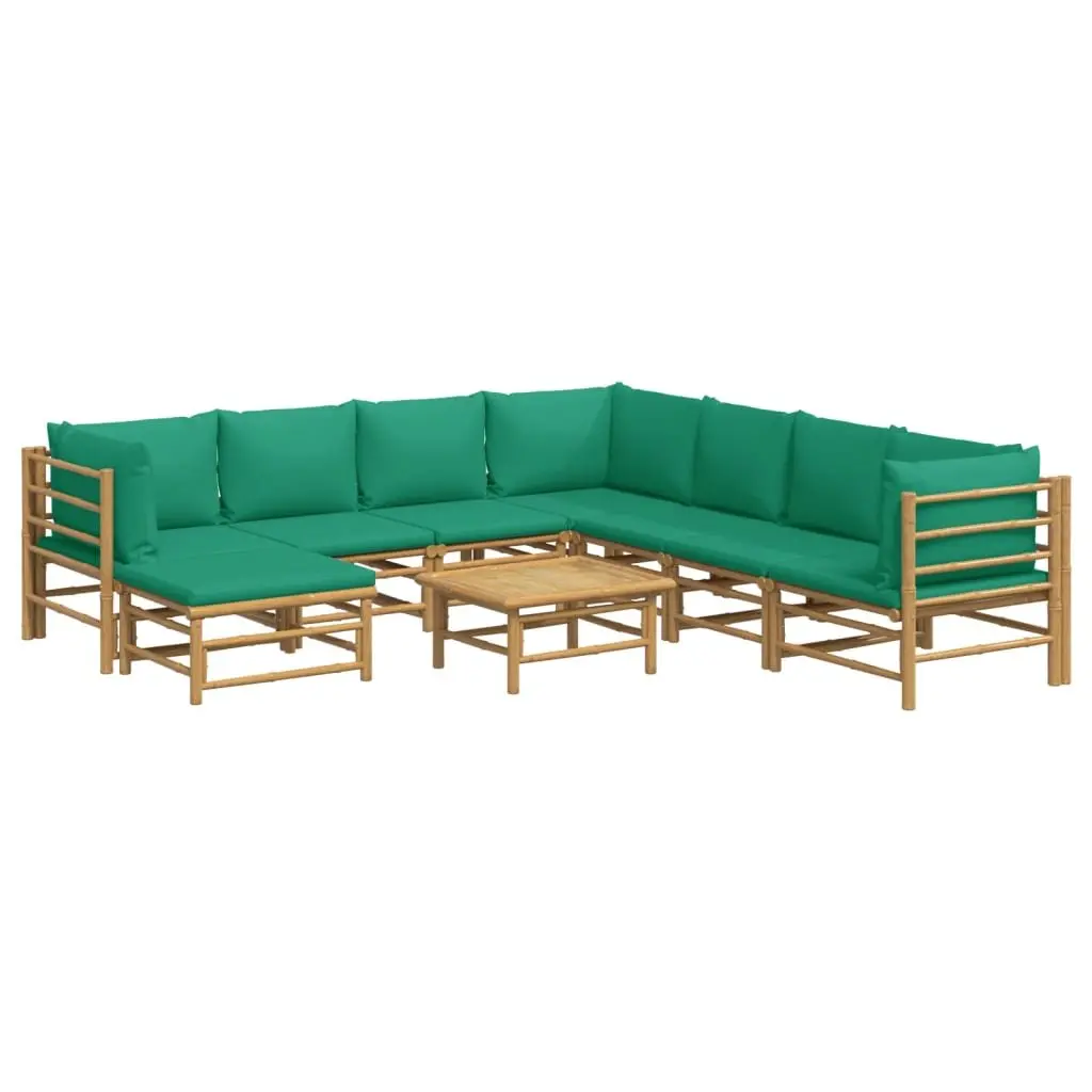 9 Piece Modular Bamboo Lounge Set with Green Cushions Brown for Outdoor Garden Patio Furniture