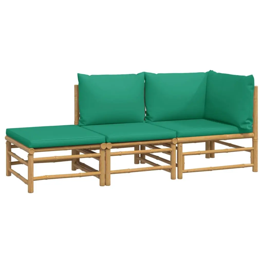 3 Piece Bamboo Garden Lounge Set Outdoor Furniture with Green Cushions Brown