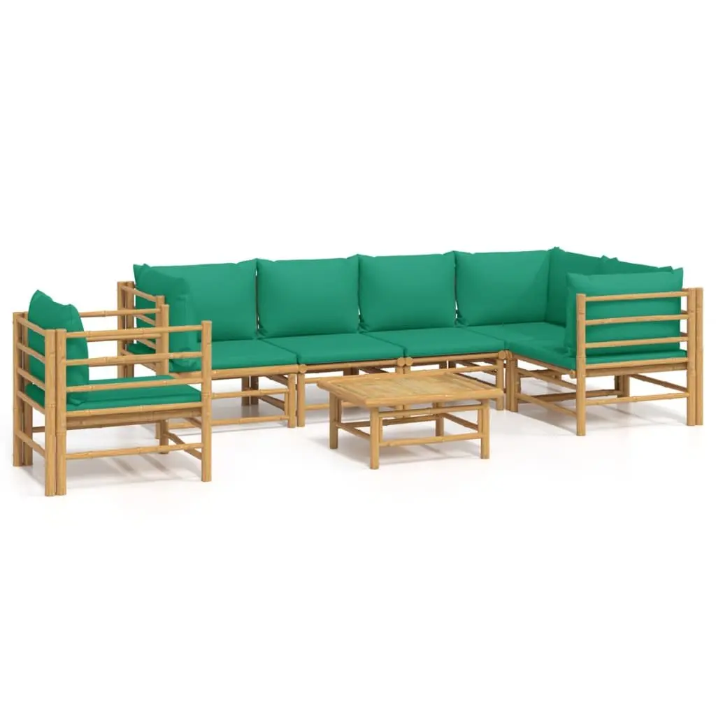 7 Piece Bamboo Garden Lounge Set with Green Cushions